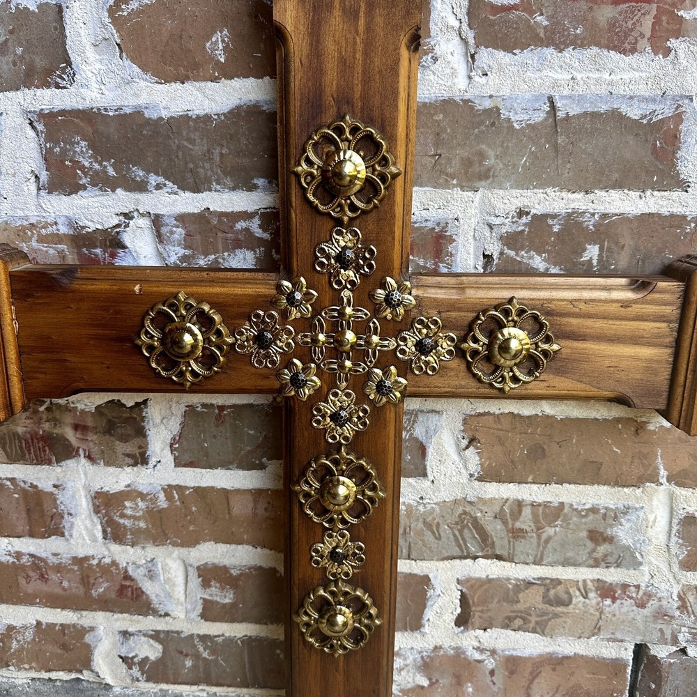 VTG‎ Christian Cross 20x28 Inch Wood Yellow Brass Flowers US Artisan Handmade